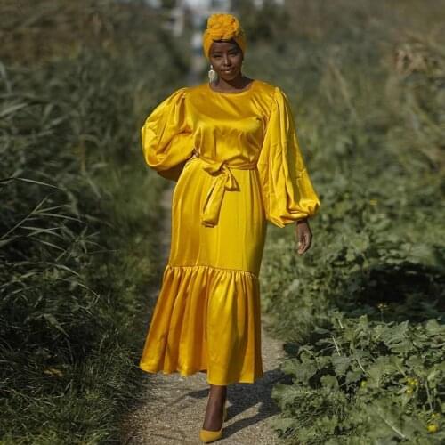 Belted Puff Sleeve Dress, Elegant Long Casual Women Dress in Dubai, Europe, USA, Middle East Spring