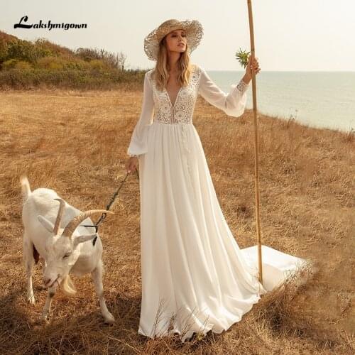 Lakshmigown Long Sleeve Boho wedding Dresses vestido de novia 2021 Lace Beach Wedding Gown Plus Size A-Line Bride Dress sukienka