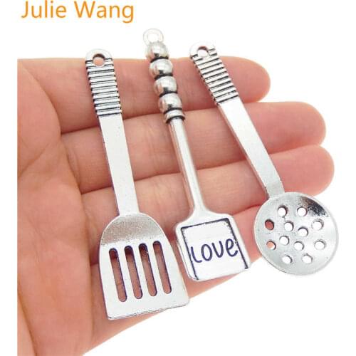 Julie Wang 3PCS Mixed Cooking Shovel Spatula Charms Alloy Kitchen Tool Antique Silver Color Jewelry Making Pendant Accessory