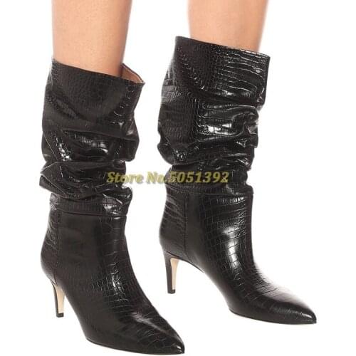 Slouch Mid-Calf Boots Thin High Heel Sexy Pointed Toe Women Dress Boots Slip On Pleated Snake Skin Custom Made Casual Dress Boot