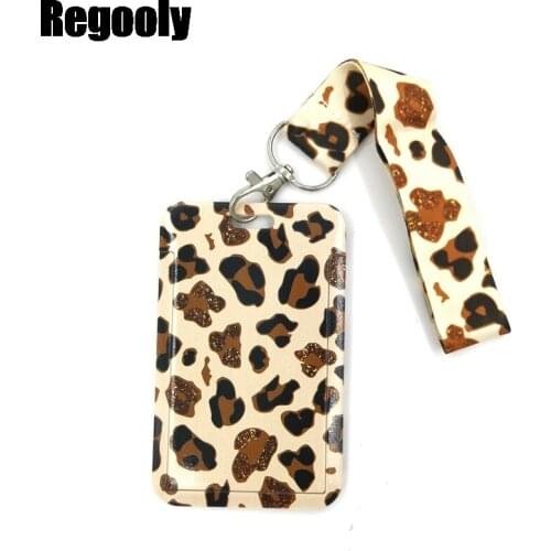 Leopard Pattern Lanyard Credit Card ID Holder Bag Student Women Travel Card Cover Badge Car Keychain Decorations