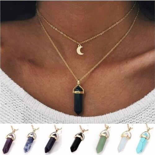Glass Hexagon Prism Necklace European and American Fashion Double-layer Moon Crescent Bullet Spirit Pendant Necklace