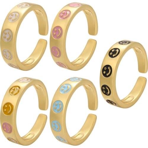 Cute Enamel Smiley Face Open Finger Rings Summer Happy Smile Round Ring For Women Engagement Wedding Metal Jewelry Gifts