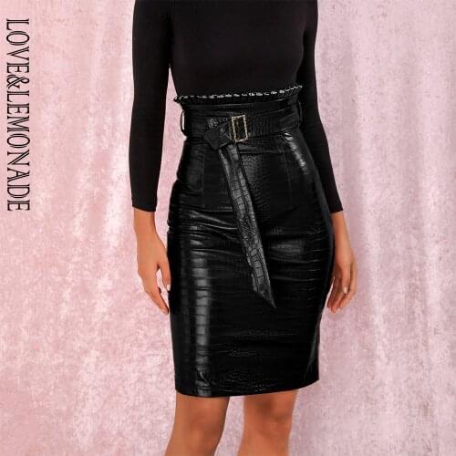 LOVE&LEMONADE Fluorescent Black High Waist Ruffled Slim PU Skirt (With Belt) LM82115