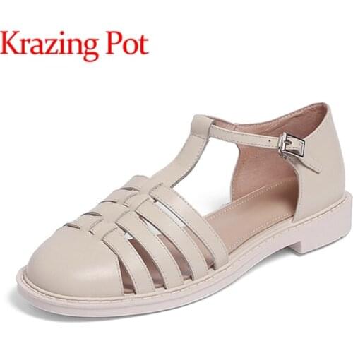 Krazing pot genuine leather low heel round toe shallow British school preppy style solid fashion buckle straps women sandals L97