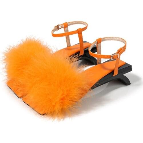 Womens Feather Fur Open Toe Sandals Irregular Heel Slingbacks Shoes Summer Leather Fashion New Arrival 2021