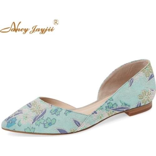 Retro Green Print Flower D'orsay Flats Suede Embroider Flock Pointed Toe Femme Shoes Ballerina Free Shipping Nancyj 2021