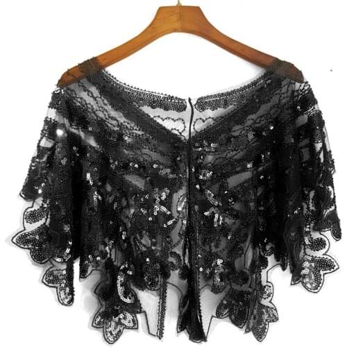 Women Scarves 1920s Flapper Embroidery Fringe Shawl Cover Up Gatsby Party Beaded Sequin Cape Vintage Mesh Scarf Wraps for Dress
