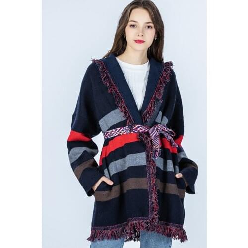2021FW Autumn High Quality Women Striped Wool Knitted Cardigan Female Chic Coat Tassel Sweater 3 Color