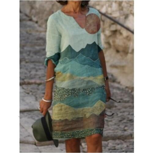 2021 Summer Vintage V-Neck Loose Dress Women Casual Scenery Print Dresses Lady Fashion Half Sleeve Flower Dress Vestidos