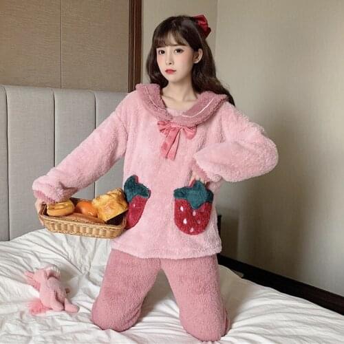 Winter Coral Fleece Pajamas Women Kawaii Strawberry Pj Thicken Sleepwear Warm Sweet Cute Flannel Loungewear Two Piece Lounge Set