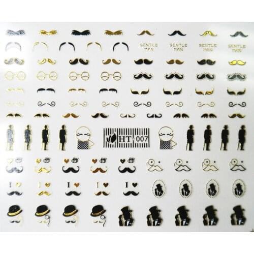 1X SELF ADHESIVE BLACK WHITE GOLD SILVER METAL NAIL ART STICKER DECAL SLIDER BEARD MUSTACHE CAP ALPHABET HT07-09