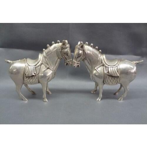 2pcs 8" Chinese Silver Year Zodiac FengShui Tang Hose Statue Pair Brass Animals Set Decoration 100% real Brass Bronze