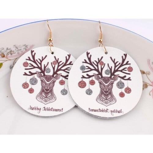 2020 New Merry Christmas Deer Print Round Genuine Leather Earrings for Women Fashion Jewelry Big Drop Earrings 5CM Wholesale