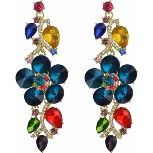 5 Colors Luxury Elegant Fashion Earring Inlay Crystal Rhinestone Flower Shape Shiny Dangle Long Earrings Women Bridal Jewelry