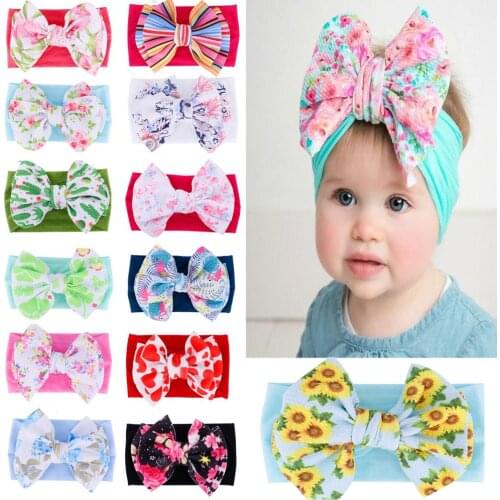 50pcs/lot DIY Simple Multi Bohemia Baby Bowknot Headbands Elasticity Nylon Printing Hair Bands Styling Tool Accessory HA1657