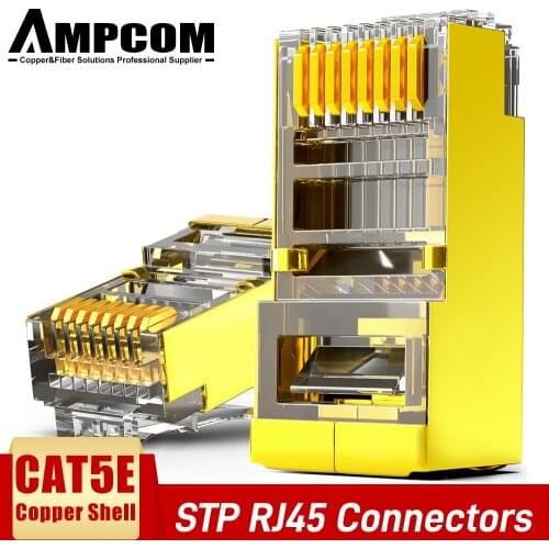 AMPCOM Shielded RJ45 CAT5E Connector Modular Plug Connector 8P8C Crimp End Ethernet Cable Ethernet Connector Gold-Plated 50U
