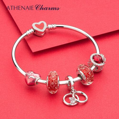 ATHENAIE Authentic 925 Sterling Silver Passionate Love Charms Bracelet Bangle For Women Red Bead Charm Jewerly Gifts