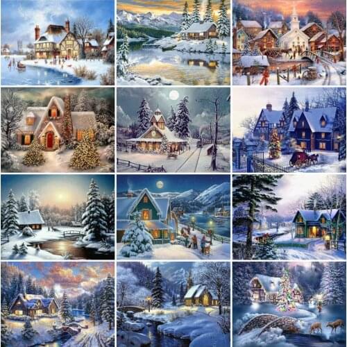 AZQSD Diamond Painting Winter House Snow Cross Stitch Handmade Rhinestones Diamond Embroidery Landscape Mosaic Home Decor