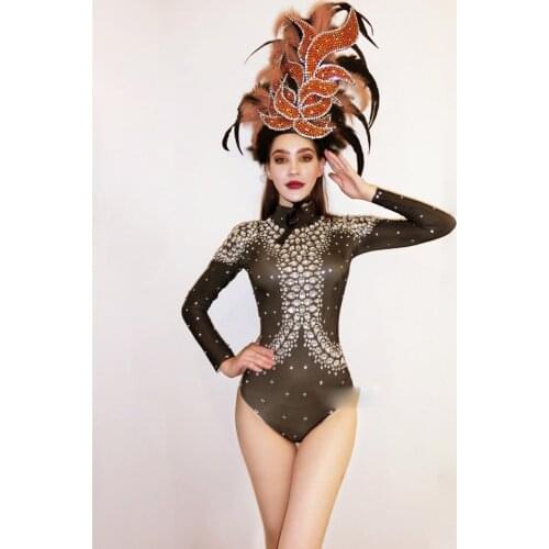 Sparkly black jumpsuit Party Feather headdress bar nightclub GOGO stage dance costumes
