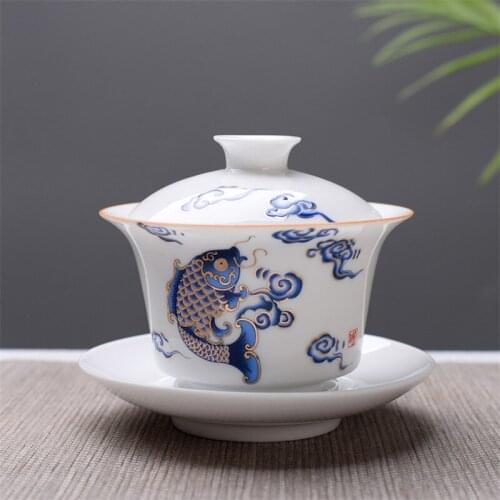 White Porcelain Gaiwan Creative Kung Fu Travel Tea Set Ceramic Hand-painted Tea Cup with Lid Saucer Office Tea Tureen Drinkware