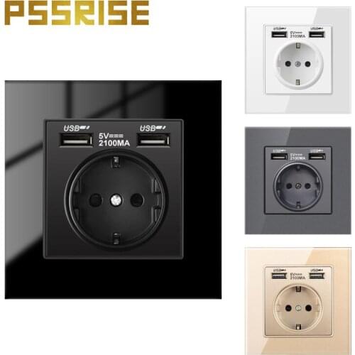 G11 PSSRISE Dual USB Charging Port EU Standard Electrical Wall Crystal Glass Panel Power Socket Plug Grounded outlet