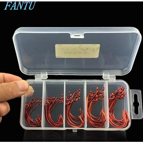 FANTU 50PCS/Set High Strength Red Nickle Crank Hook Texas Rig High Carbon Steel Hooks Fishing Accessories 2# 1# 1/0# 2/0# 3/0