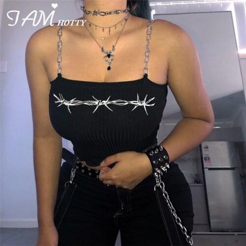 IAMHOTTY Harajuku Floral Print Patchwork Metal Chain Punk Crop Top Women Sexy Backless Camis Tops Femme Bodycon Summer Clothes