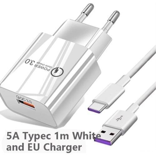 5A Type C Cable USB-C Ultra Fast Charging and Data 1 Meters data Cable Tiopo C for Huawei White Cack and EU Fast Charger