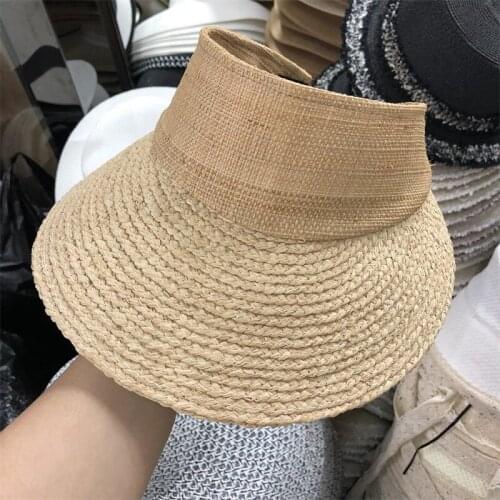 New Women Visor Caps Summer Natural Raffia Wide Brim Empty Top Sun Hat Baseball Cap UV Protection Sun Beach Hat Handmade Viseira