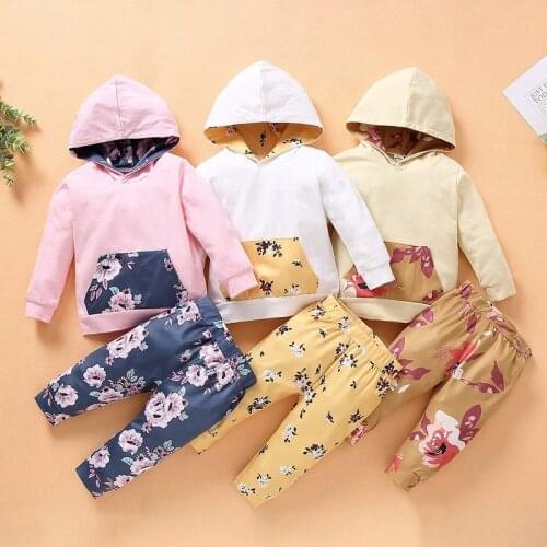 Toddler Baby Girl Clothes Set Newborn Girls Outfit White Pocket Hoodie Top + Floral Print Pants+Headband Spring New Born Fashion