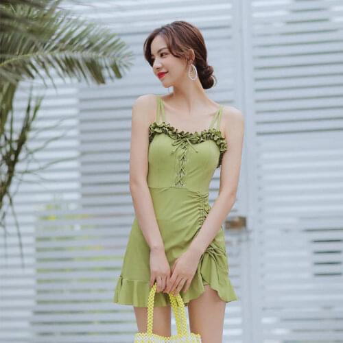 2021 South Koreas New Hot Spring Sling, Wooden Ears, Gathered Cross-Tied Rope Bow Knot Drawstring Pleated Tight Skirt Swimsuit