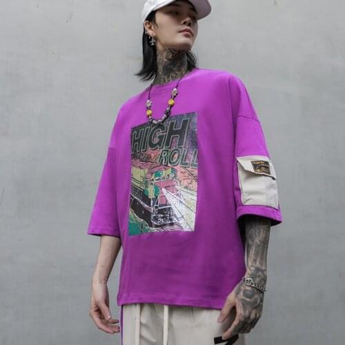 High street Oversize t shirt men hip hop Half sleeve Drop shoulder Loose Purple color 2020 Summer
