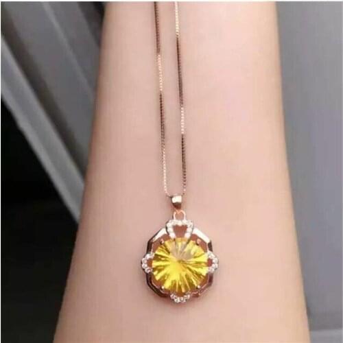 Natural citrine necklace pendant Real origin cirtrine 925 sterling silver Luxury jewelry Gem Size 12*12mm
