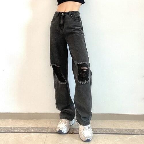 New Fashion Womens Trousers For Shopping Daily Wear Ripped Jeans Ladies Female Stylish Solid Color Loose Wide Leg Pants S-XL