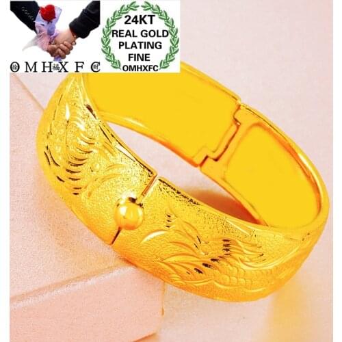 OMHXFC Wholesale BE435 European Fashion Bride Party Birthday Wedding Gift Vintage Dragon Phoenix Wide 24KT Gold Bracelet Bangle