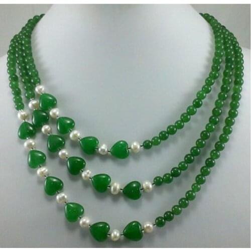 3 Rows 6mm green Red heart-shaped Jade White Pearl Necklace