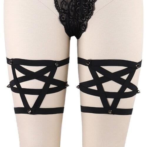 Pastel Goth Rivet Pentagram Garter Belt Sexy Body Harness Rave Wear Body Belt Bondage Stockings Leg Harness Star Garter