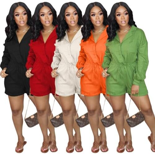 Casual Solid Elastic Waist Playsuit Women jumpsuit Elegant Turn Down Collar Long Sleeve Drawstring Biker Shorts Slim Rmper