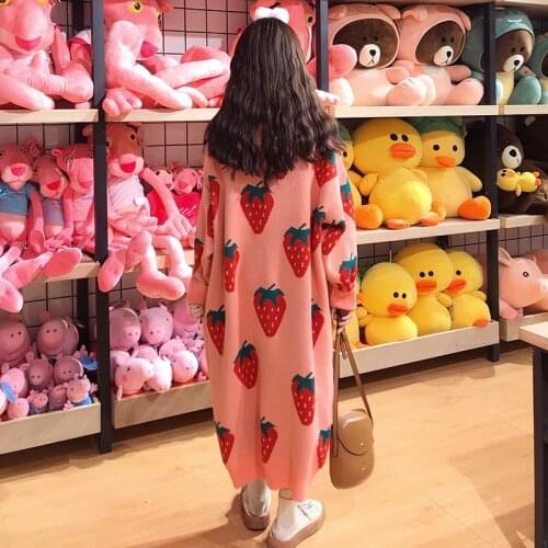 Autumn Winter Korean Women New Strawberry Printed O-neck Loose Long Sleeve Pullover Knitted Long Sweater Fashion Streetwear 2019