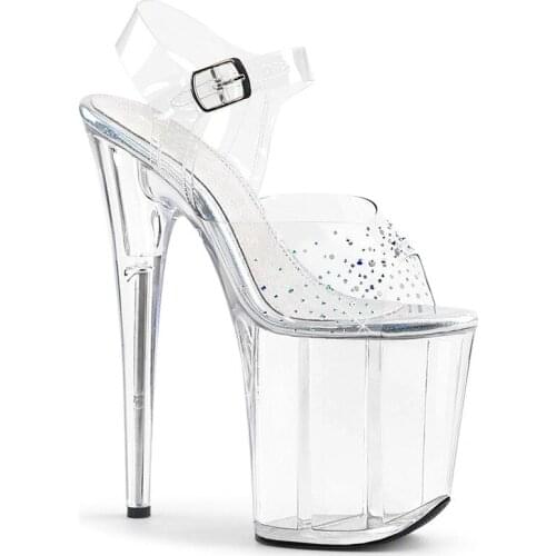 Walking Show 20CM Thin High Heels Shoes Women Sandals PVC Buckle Strap Open Toed waterproof Rhinestone Bling Party women shoes