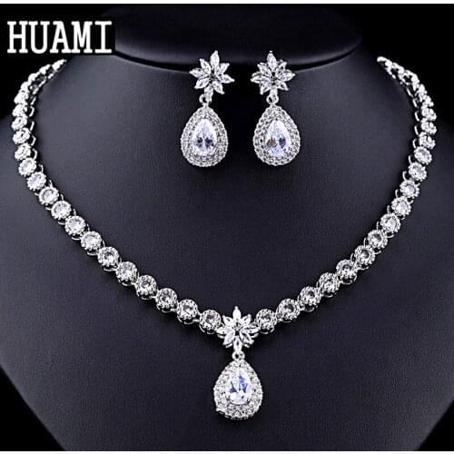 HUAMI Water Drop Earings Fashion Jewelry Sest 2020 Luxury Bridal Wedding Banquet Costume Accessories Pendant Necklace for Women