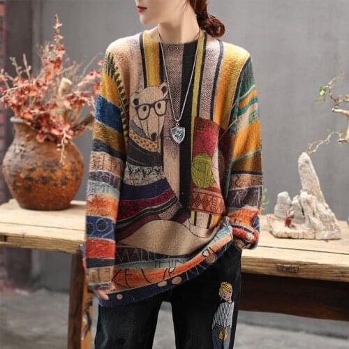 Spring Autumn Sweater Women Knitting Loose Knitted Pullovers Ladies Tops O-Neck Print Character Knitwear All-match Sweater