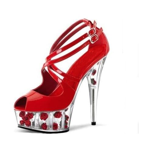 Sexy Platform Pumps Red Black Patent Leather Flower Decor Heels office Ladies Shoes High Heel Peep Toe Cut-out Ankle Strap Pump
