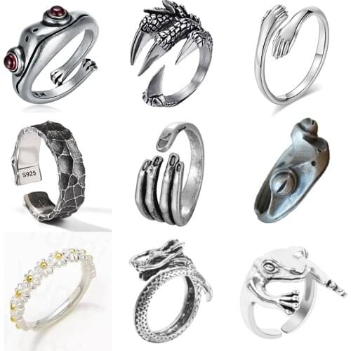 Vintage Punk Snake Dragon Frog Ring for Men Women Exaggerated Antique Siver Color Opening Adjustable Rings Anillo Hombre Bijoux