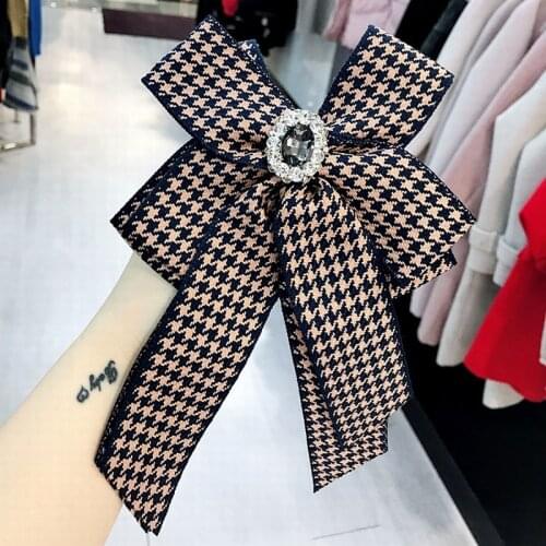 Simple Korean Sweet Houndstooth Big Flowers Bow Tie Brooch for Women Fashion Suit Cloth Shirt Corsage Jewelry Collar Accessories