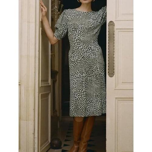 20200 New Women Dress Autumn Winter Round Neck Leopard Printing Midi Dress