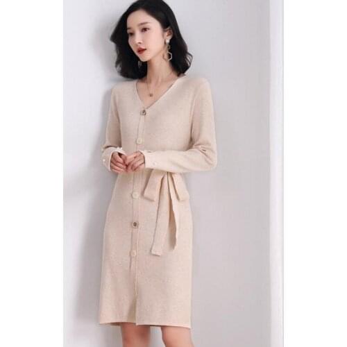 New spring/autumn women dress fashion designer high quality sweater full sleeve knitting v-neck Cardigan dress to knee