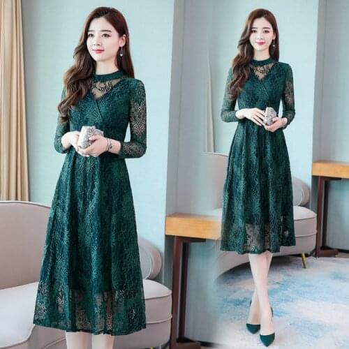 2021 Vintage Solid Sexy Lace Midi Dresses Autumn Winter New 3XL Plus Size Long Sleeve Dress Elegant Women Bodycon Party Vestidos