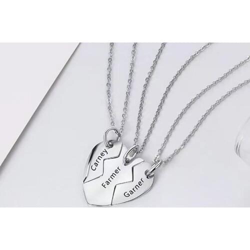 HUHUI 3 Pcs Merging Heart Pendant Engraved Name Necklace Personality Puzzle Stainless Steel Family Jewelry Friendship Best Gift